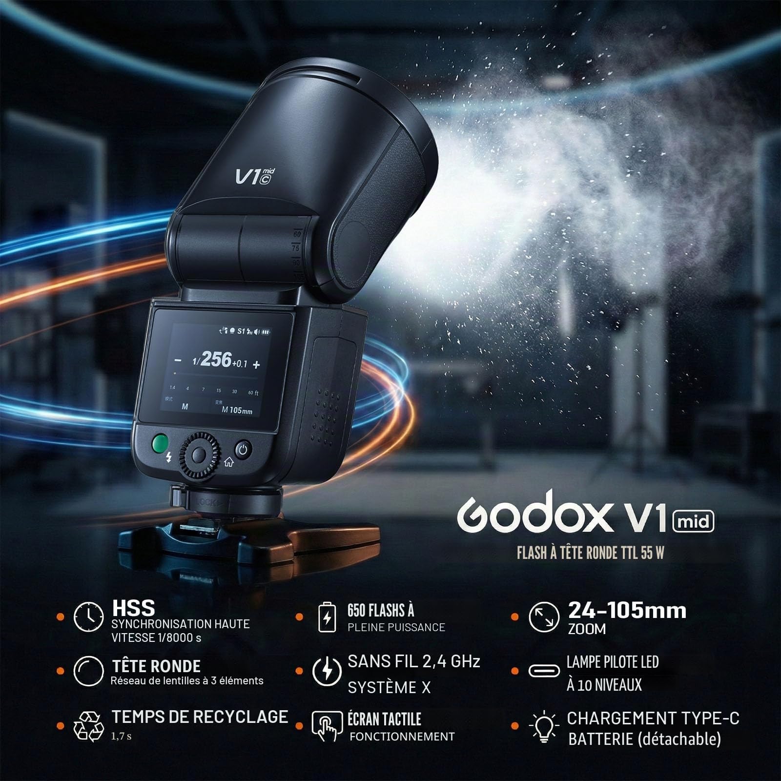 Godox V1 Mid C Flash pour Canon, Speedlite à tête Ronde 55Ws, Optique 24mm, 650+ éclairs, TTL/HSS 1/8000s, Flash de Voyage V1MID pour Canon EOS 2000D R7 R6 Mark II R10 R5 R8 R100 R6 RP M50 600D 90D