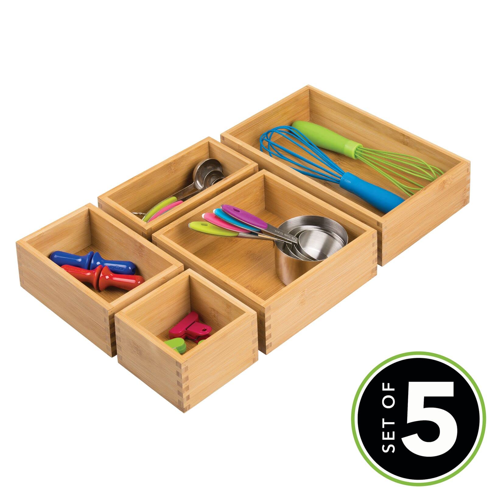 mDesign 5er-Set Aufbewahrungsbox für die Küche – Schubladenbox aus Bambus in verschiedenen Größen – stapelbarer Schubladen Organizer für Besteck und Küchenutensilien – naturfarben