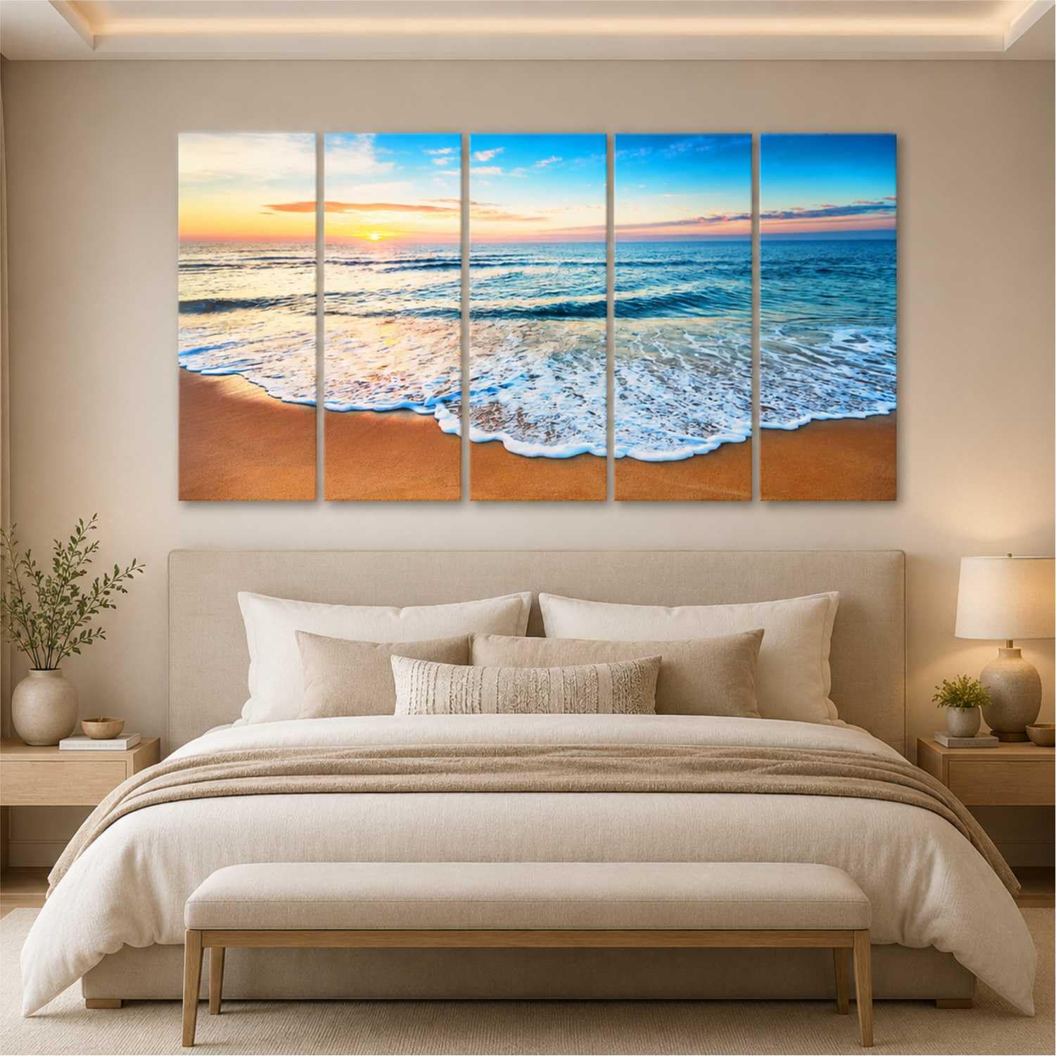 Artsense Beach Waves Sunset Wall Painting Set of 5 for Living Room | Ocean Seascape Vinyl Wall Art | Modern Nature Landscape Decorative Wall Decor for Bedroom, Hall & Office | Multi Panel Painting-image-1
