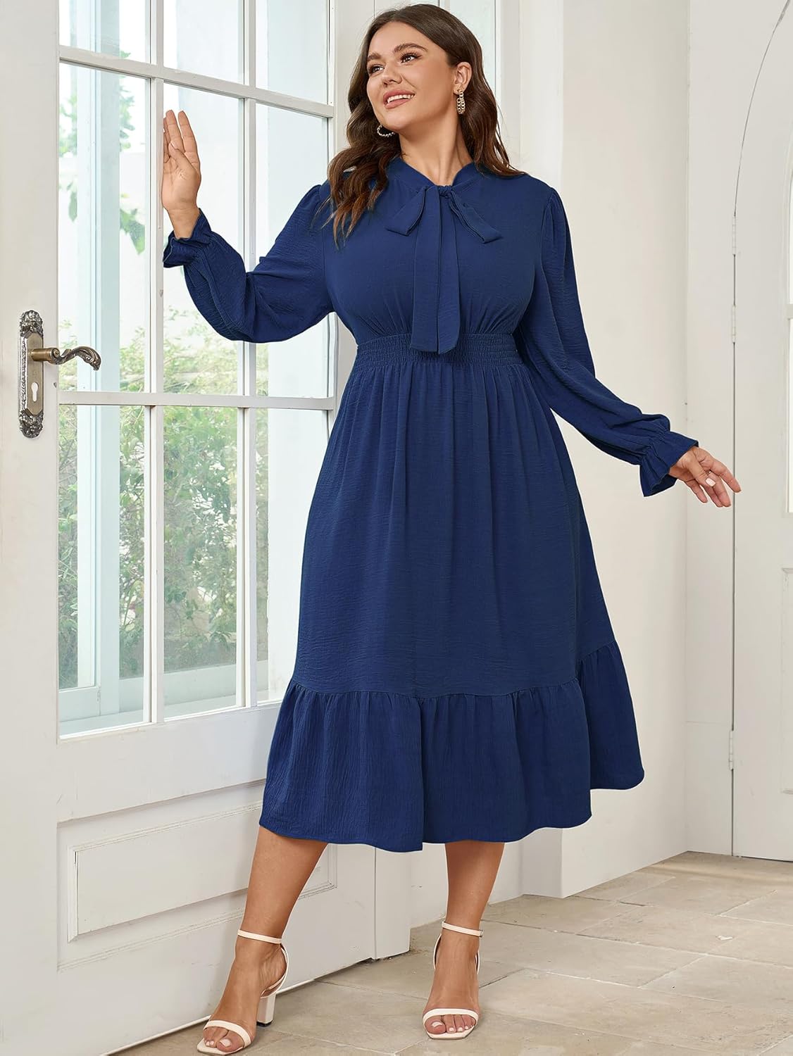 SCOMCHIC Womens Plus Size Midi Dress Flowy A Line Bow Tie Swing Dress Formal Work Party Cocktail Dresses for Wedding Guest - Image 2