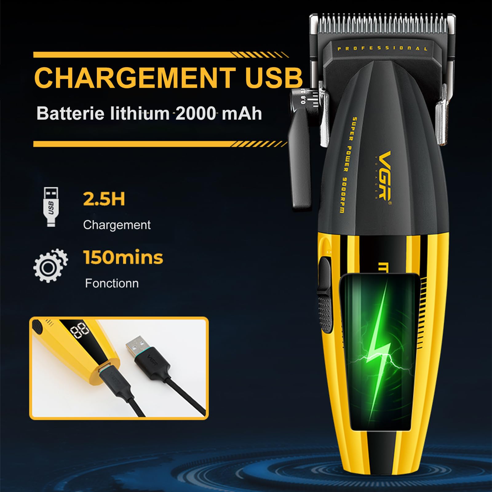 VGR 285 Fresh Fade Tondeuse à Cheveux Hommes Professionnel, 9000 RPM Tondeuse Pro Sans Fil pour Coupe de Cheveux Compacte Légère Polyvalente avec Indicateur LED, USB Rechargeable