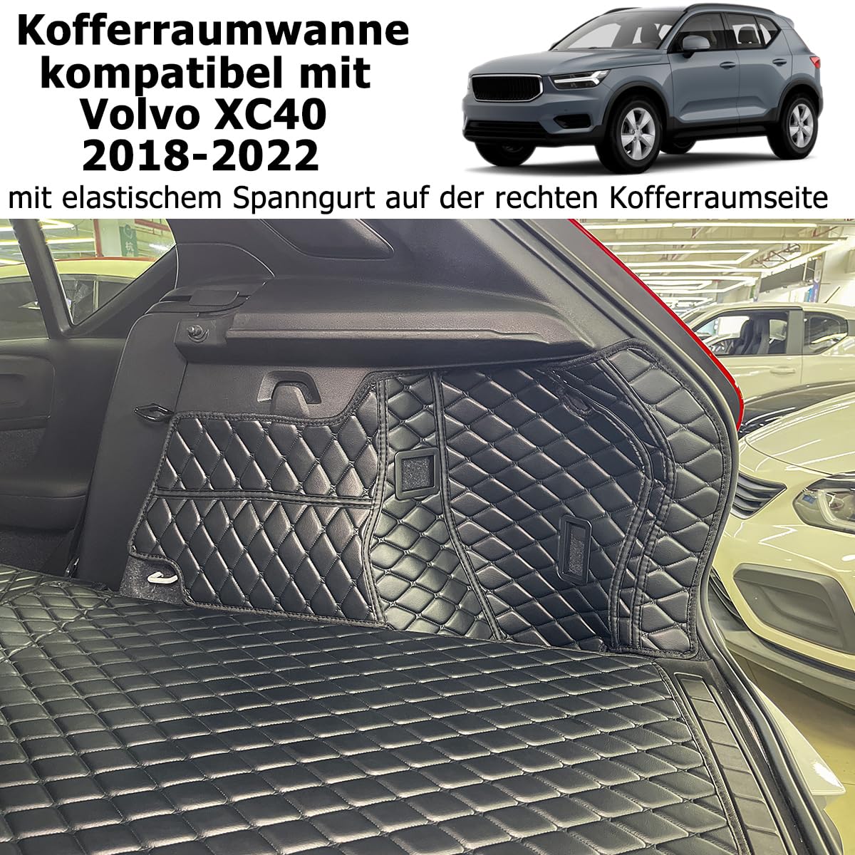 Vasca per bagagliaio per Volvo XC40 2018–2022 (con cinghia elastica sul lato destro del bagagliaio) Protezione bagagliaio su misura