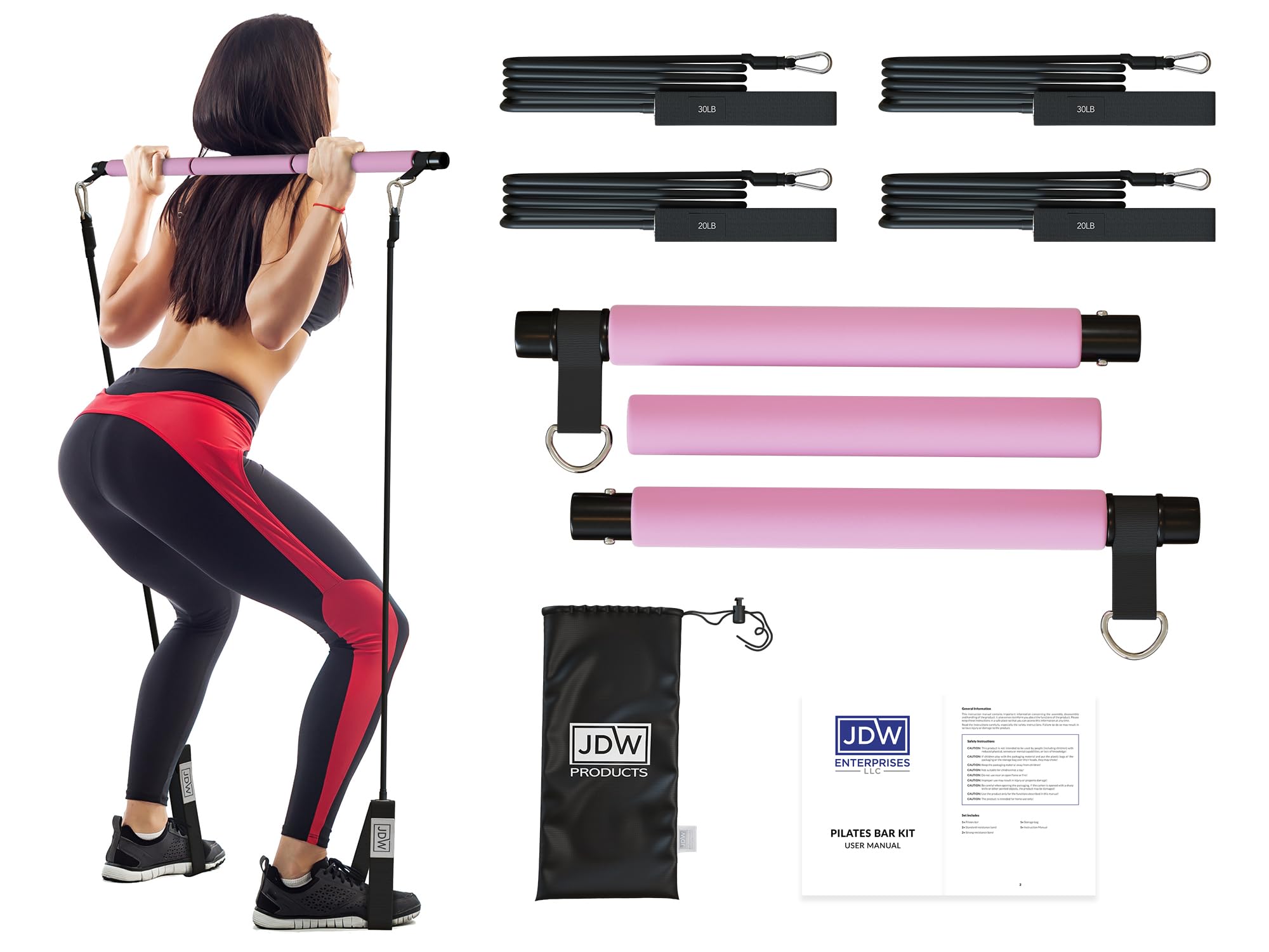 JDW Enterprises - Pilates Bar Kit | 2 Standard & 2 Strong Bands for Full-Body Workout | Storage Bag Included | Fitness Equipment for Home Gym, Yoga