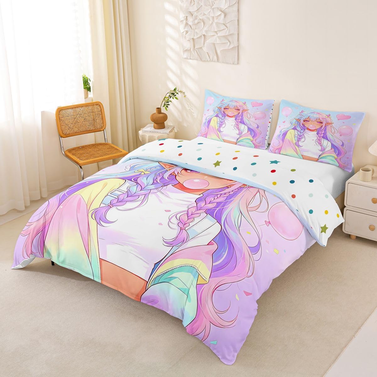 Feelyou Anime Girl Duvet Cover King Size Japanese Girl Comforter Cover for Boys Girls Japanese Anime Bedding Set 3Pcs Elf Room Decor No Comforter Breathable Soft Lightweight Microfiber image 2