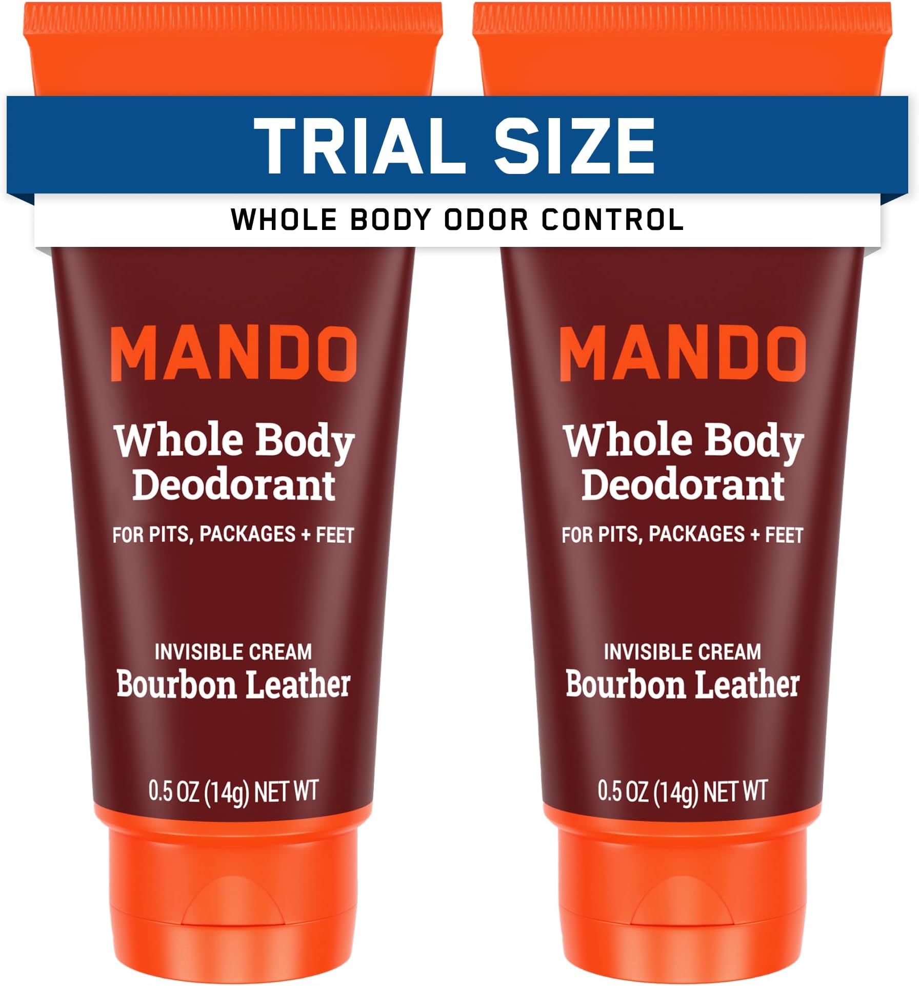 Mando Whole Body Deodorant - Mini Travel Size Invisible Cream Tube - 72 Hour Odor Control - Aluminum and Baking Soda Free, Skin Safe - .5 oz (Pack of 2) (Bourbon Leather)