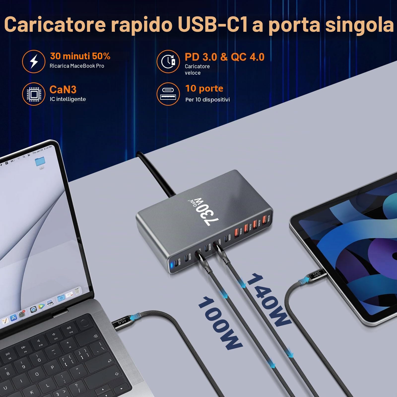 Caricatore Usb C Da 730 W, Multiuso 10 Porte, Ricarica Rapida Con Alimentatore Di Rete Da 6 C E 4 A Per Macbook Pro/Air, Ipad Pro/Air, Sumsung Ecc