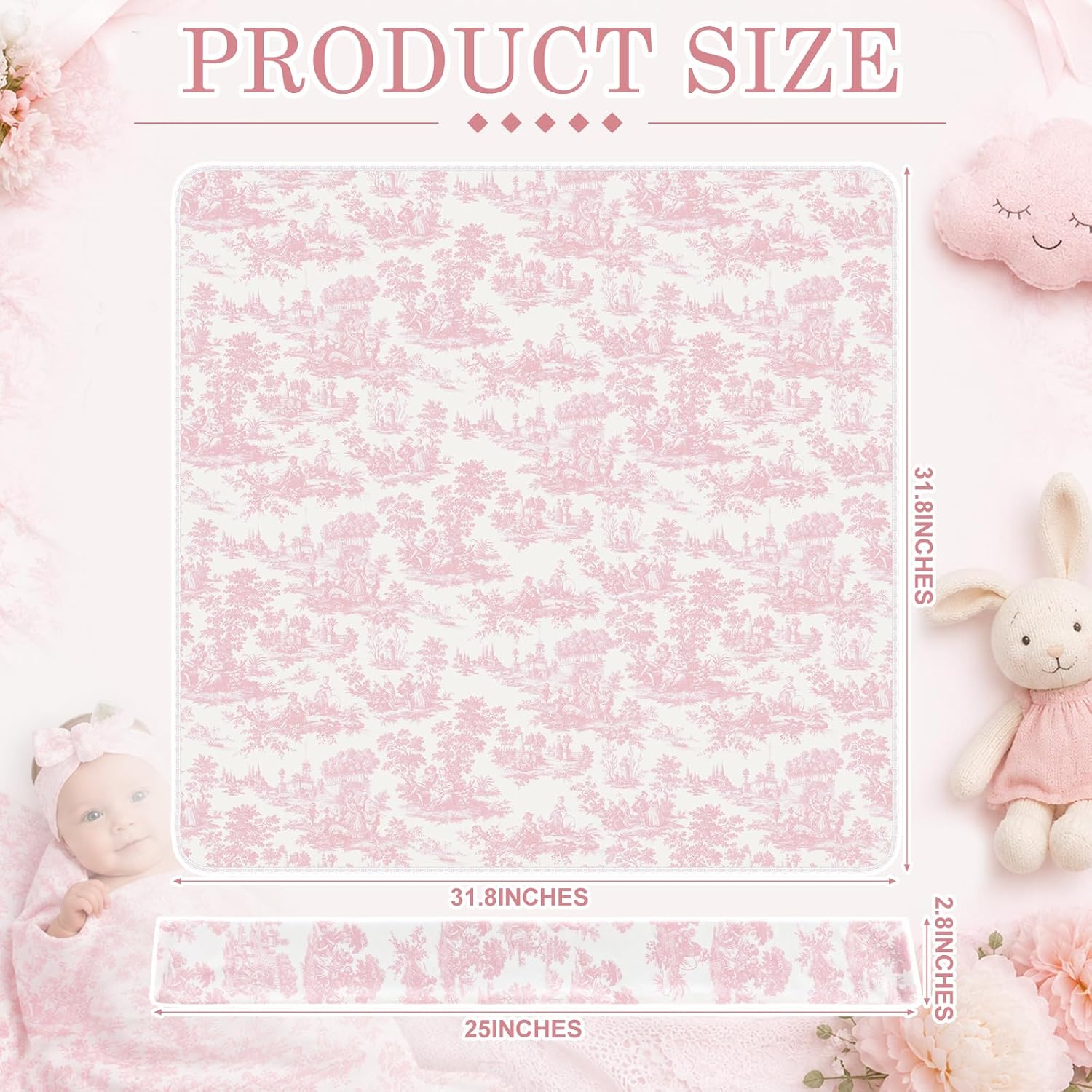 Cuffbow Baby Newborn Girl Receiving Blanket with Bow Headband Pink Toile De Jouy Swaddle Blanket for Girls Cute Baby Blankets Soft Nursery Swaddle