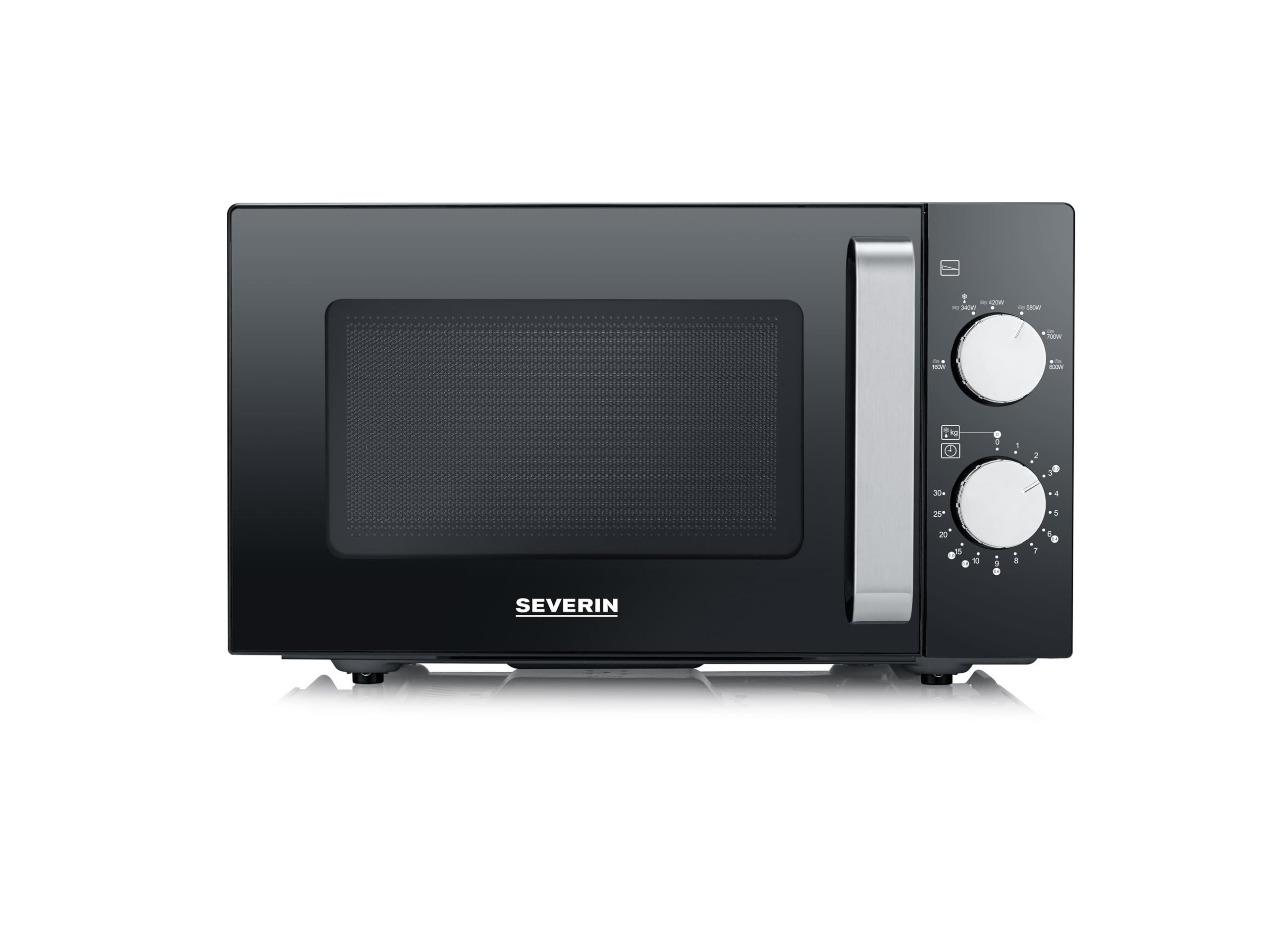 Severin Microondas con fondo de cristal, para descongelar y calentar, microondas de gran superficie útil para platos rectangulares, color negro y plateado, MW 7761