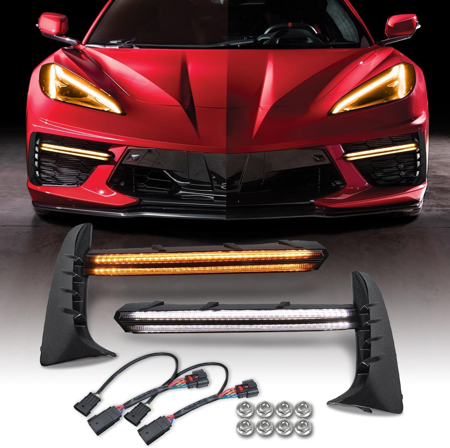 LED Grille Bezel Light Bars,Front Grille Bezel LED Daytime Running Turn Signal Lights w/Side Panels Sequential Accent Light Assemblies for Corvette C8 Stingray Z51 2020-2025