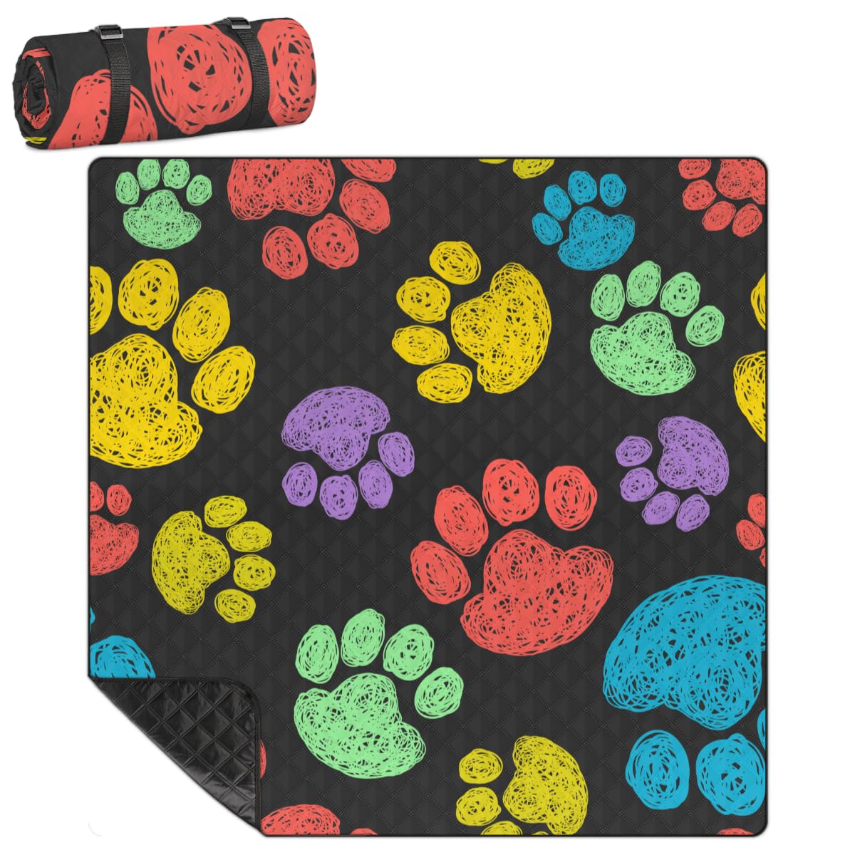 Shimoshe Extra Large Picnic Blankets 79”x 79”, Cute Animal Paw Print Waterproof Foldable Picnic Mat with Straps Portable Beach Blanket for Camping Park Grass Beach Indoor