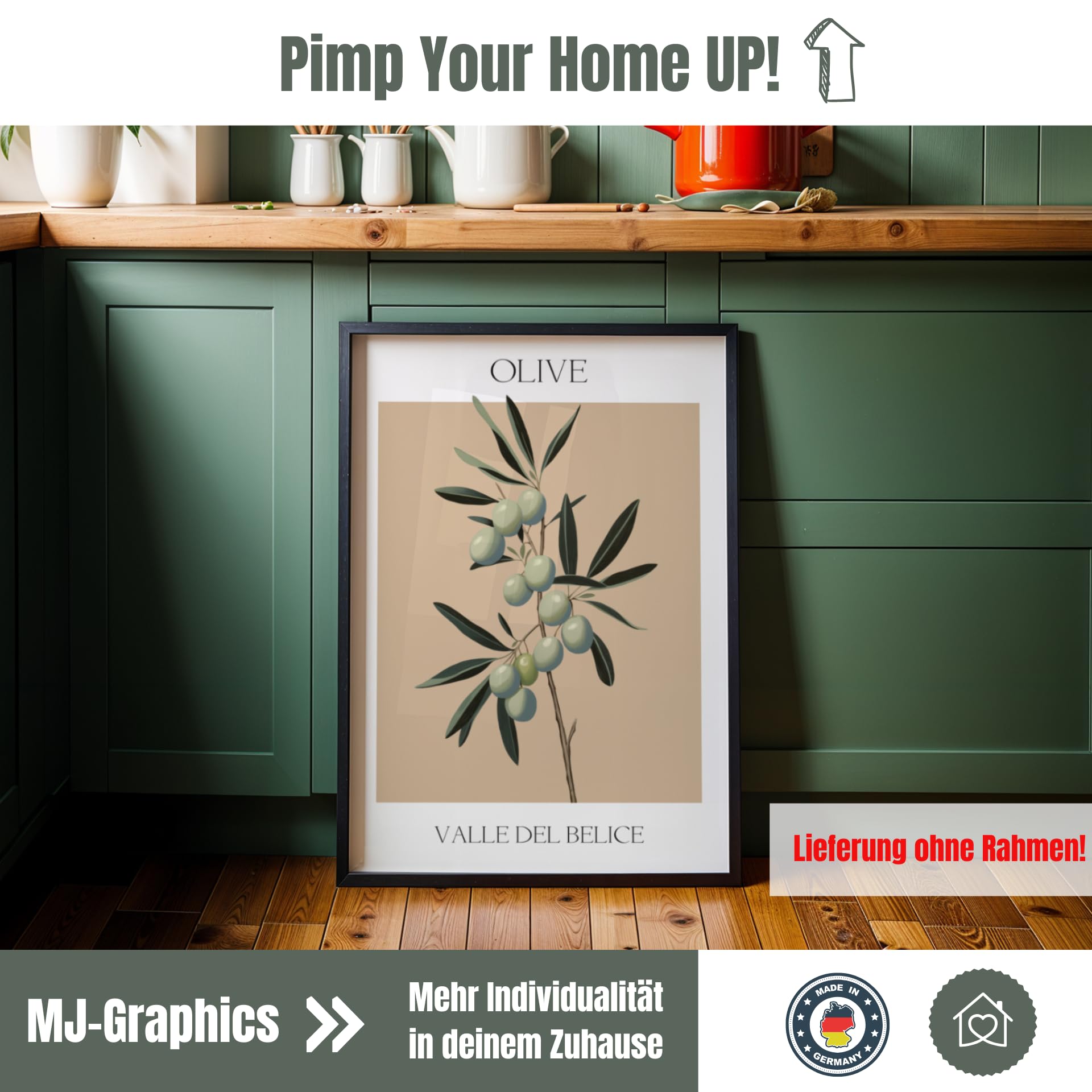 MJ-GRAPHICS® Olivenzweig Poster Natur Wandbild Deko A2 mit braunem Rahmen