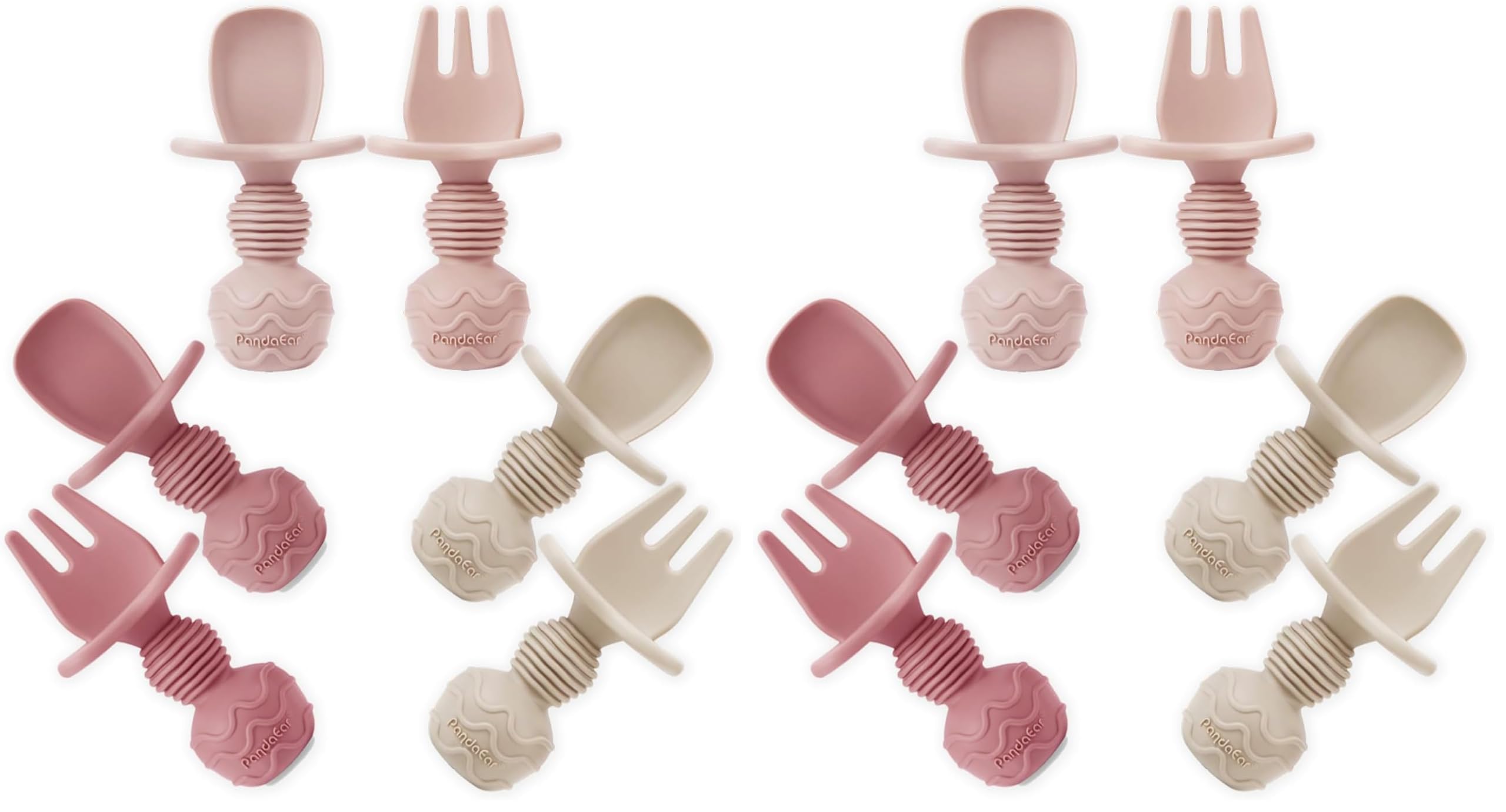 PandaEar 12 Pack Silicone Baby Spoons and Fork Feeding Set- Anti-Choke First Self Feeding Utensils for Baby Led Weaning Ages 3 Months -Pink