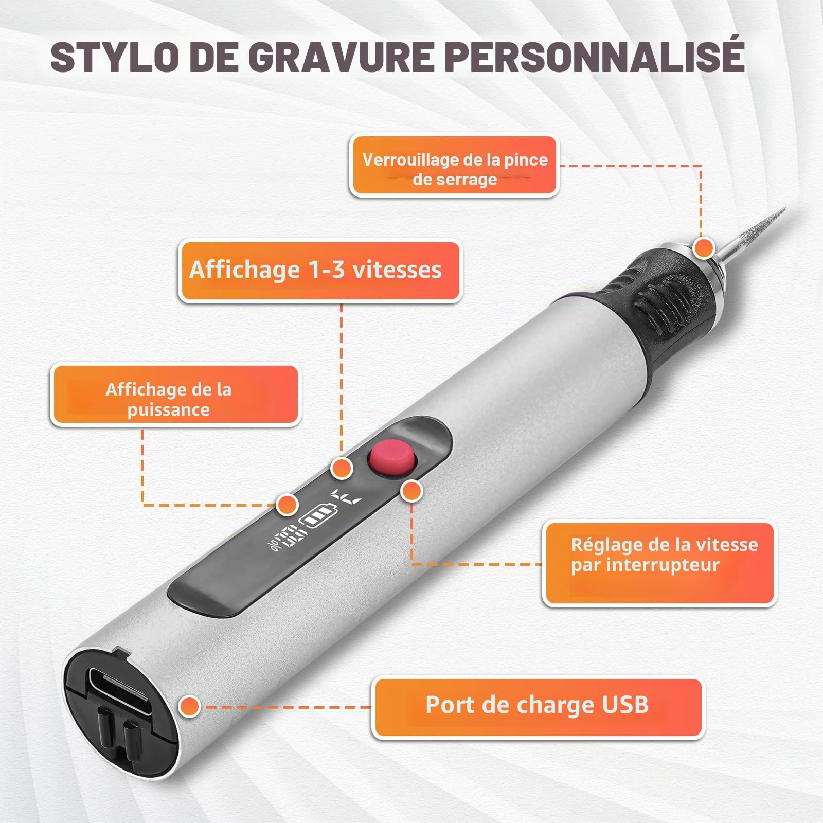 Appareil de gravure électrique pour verre et bois, kit de gravure sur verre, mini fraise avec 30 embouts, vitesse de rotation à 3 niveaux, stylo de gravure 10 W pour bricolage et artisanat, noir