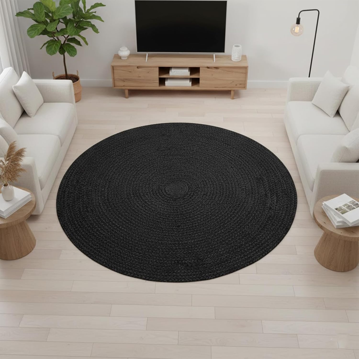 RUGARA Natural Jute Area Rug 13x13 Ft Handmade Braided Round Jute Rugs Modern Black Boho Rug, Farmhouse Style, Durable Fiber, Easy-Maintenance, Home Décor