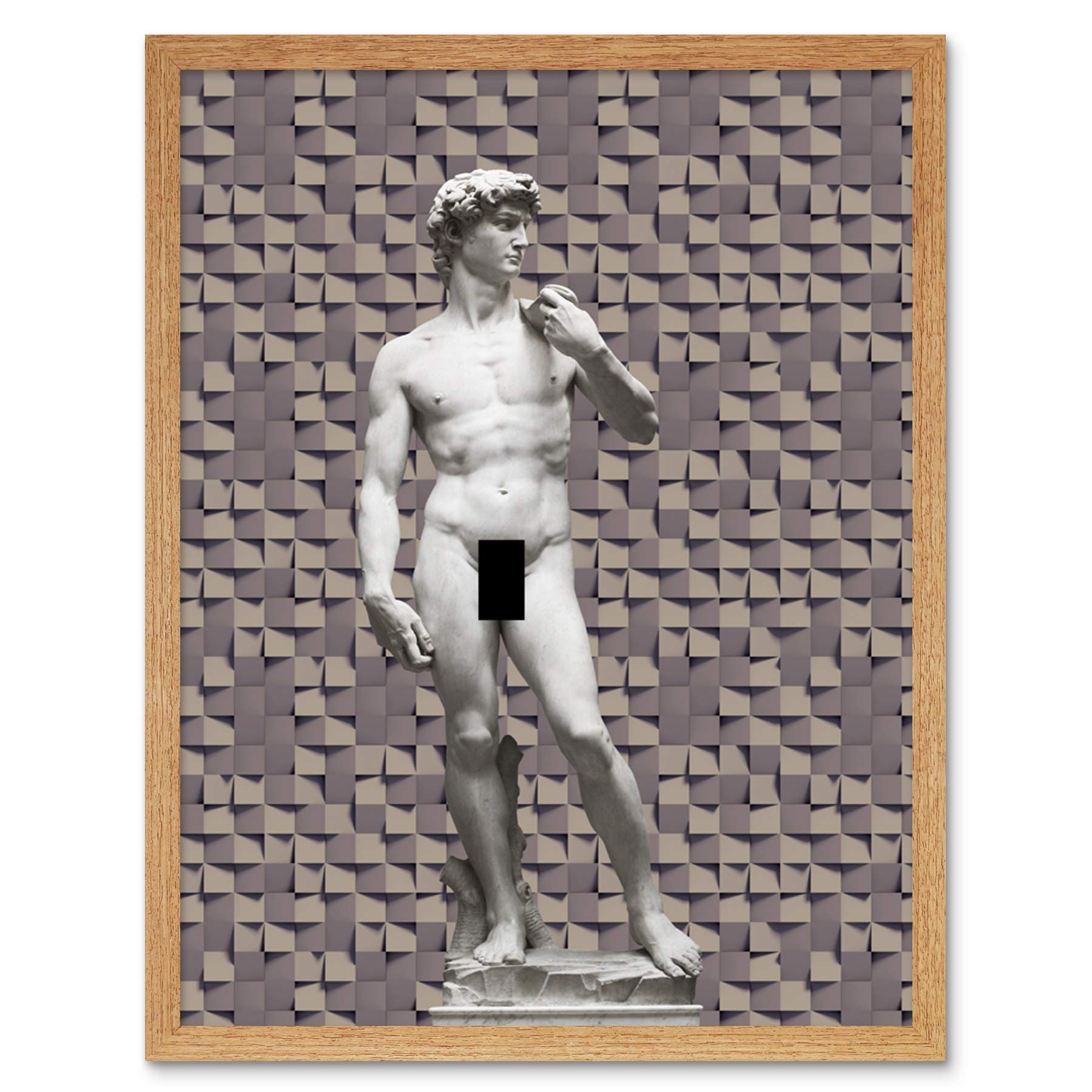 Artery8 Statue of David by Michelangelo Classic with Abstract Art Grey Cubes Art Print Framed Poster Wall Decor 12x16 inch