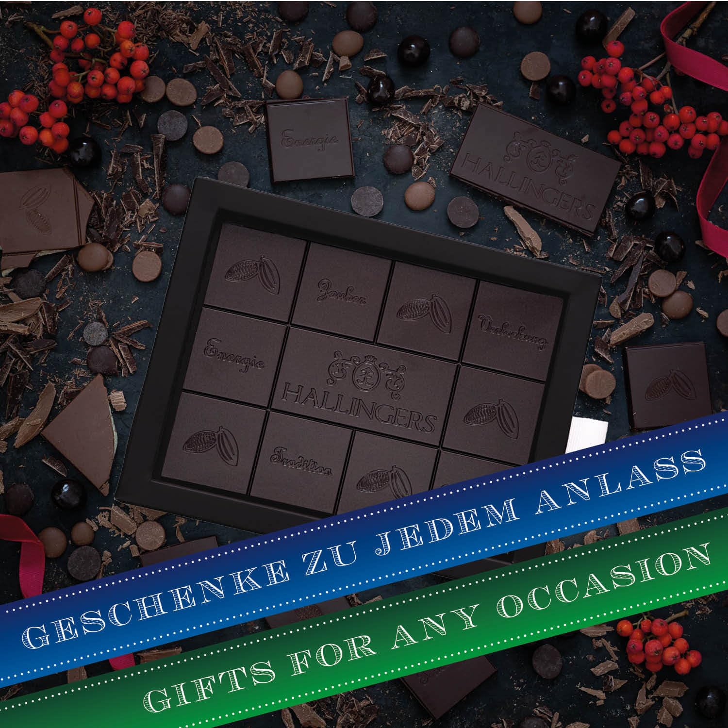 Hallingers Genuss Manufaktur Vegane Schokolade Weihnachts-Geschenk - Tafel handgeschöpfter Edelkakao ohne Alkohol edler Karton 10x "Frohe Weihnachten" Pur 85%, Weihnachten für Frauen Männer