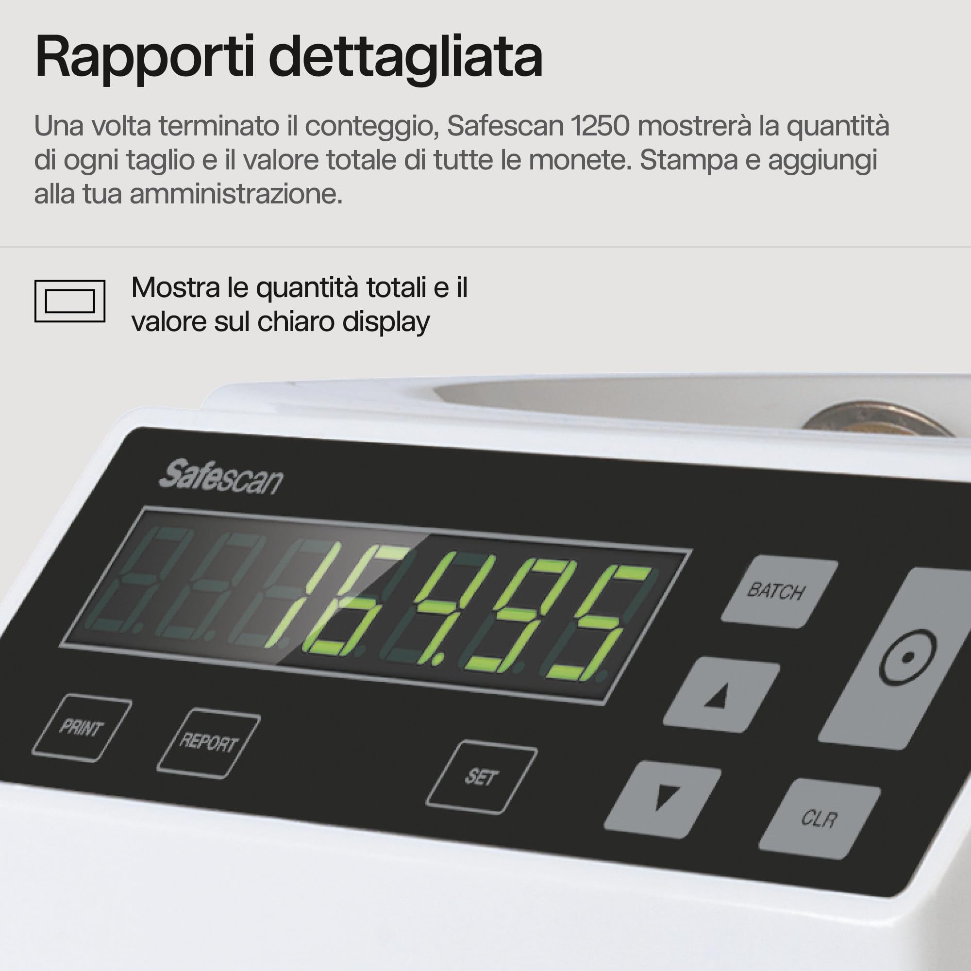 Contamonete Safescan 1250 EUR che conta e smista velocemente le monete euro miste, Contamonete che smista le monete per taglio, Contamonete per il conteggio continuo delle monete