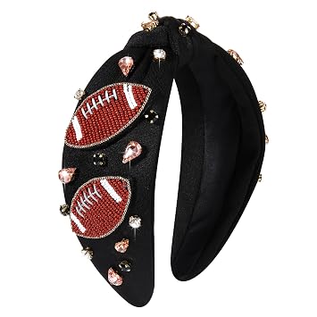 Football Knotted Headbands for Women Game Day Sports Headband Pearl Crystal Bejeweled Wide Top Knot Hairband Game Day Hair Accessories Black Brown