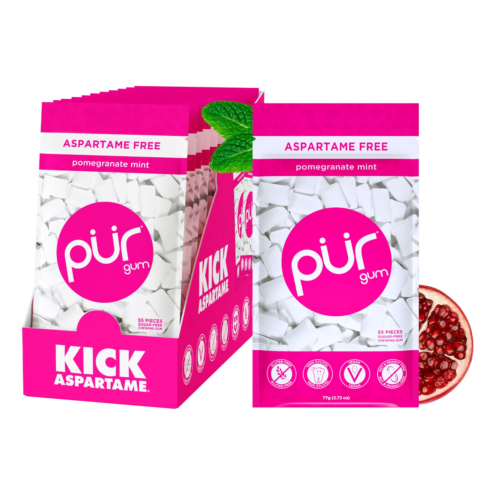 PUR Gum | Sugar Free Chewing Gum | 100% Xylitol | Vegan, Aspartame Free, Gluten Free & Diabetic Friendly | Natural Pomegranate Mint Flavoured Gum, 55 Pieces (Pack of 12)