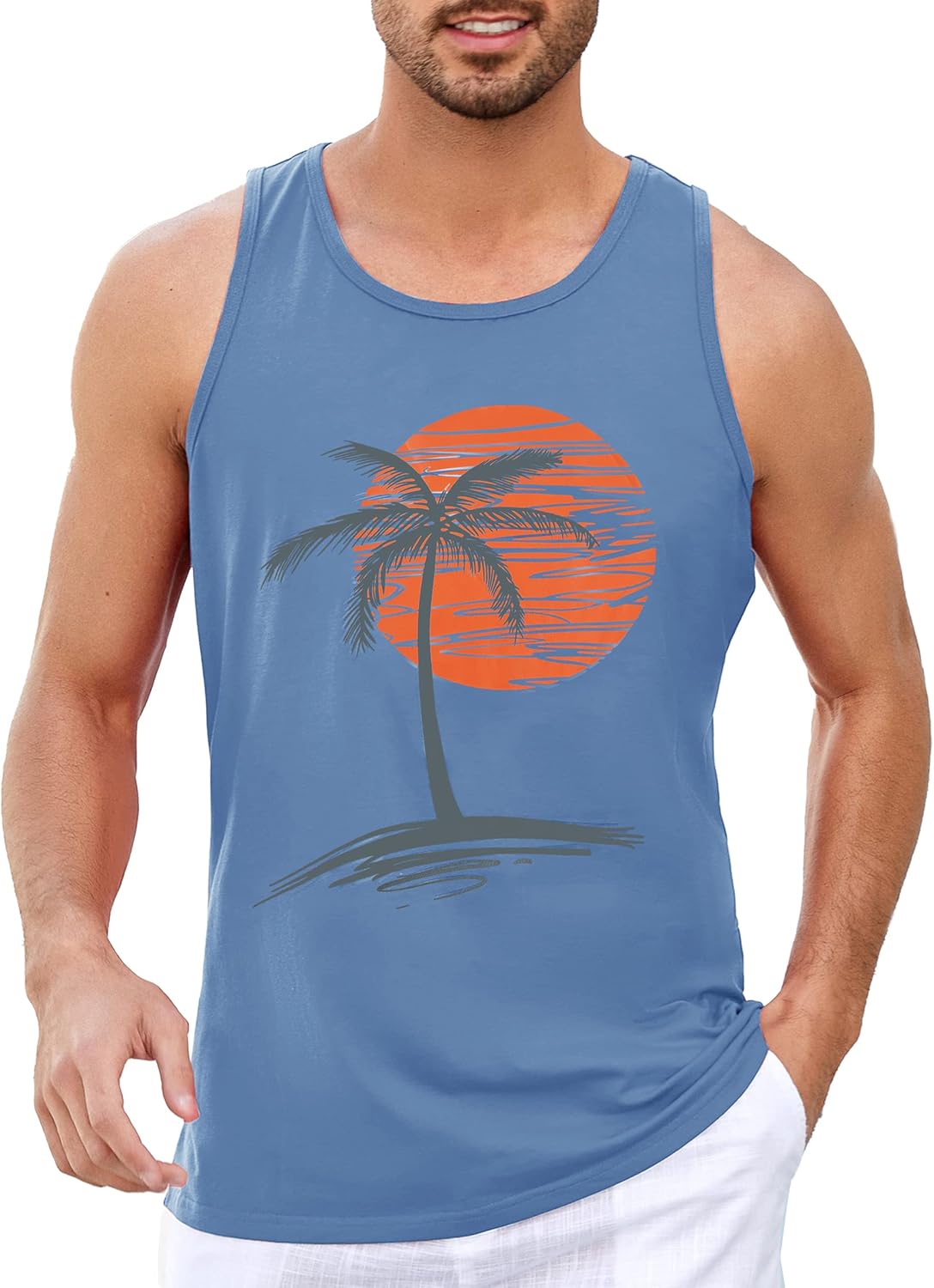 Runcati Mens Workout Tank Tops Gym Sleeveless Shirts Palm Tree Vintage Style T-Shirt