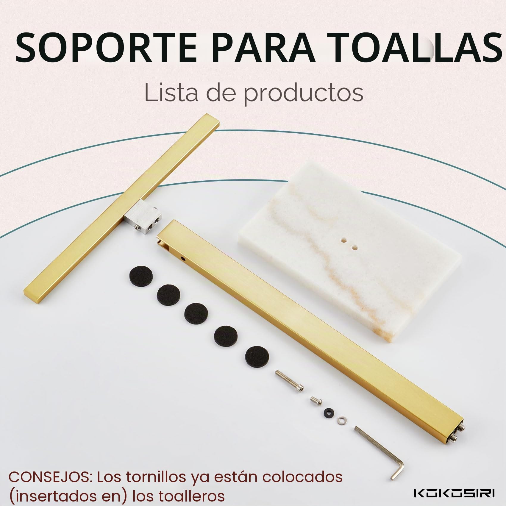 KOKOSIRI Toallero de Mano con Base de mármol para baño, Cocina, tocador, encimera, Acero Inoxidable Dorado de 15.7 Pulgadas de Altura, THS0002-SM-BG