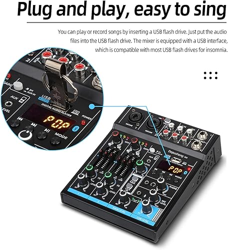 Miniatura 7 de Mezclador de interfaz USB de 4 canales, controlador de sonido DJ, mini mezclador de audio digital profesional, consola de mezcla de sonido portátil