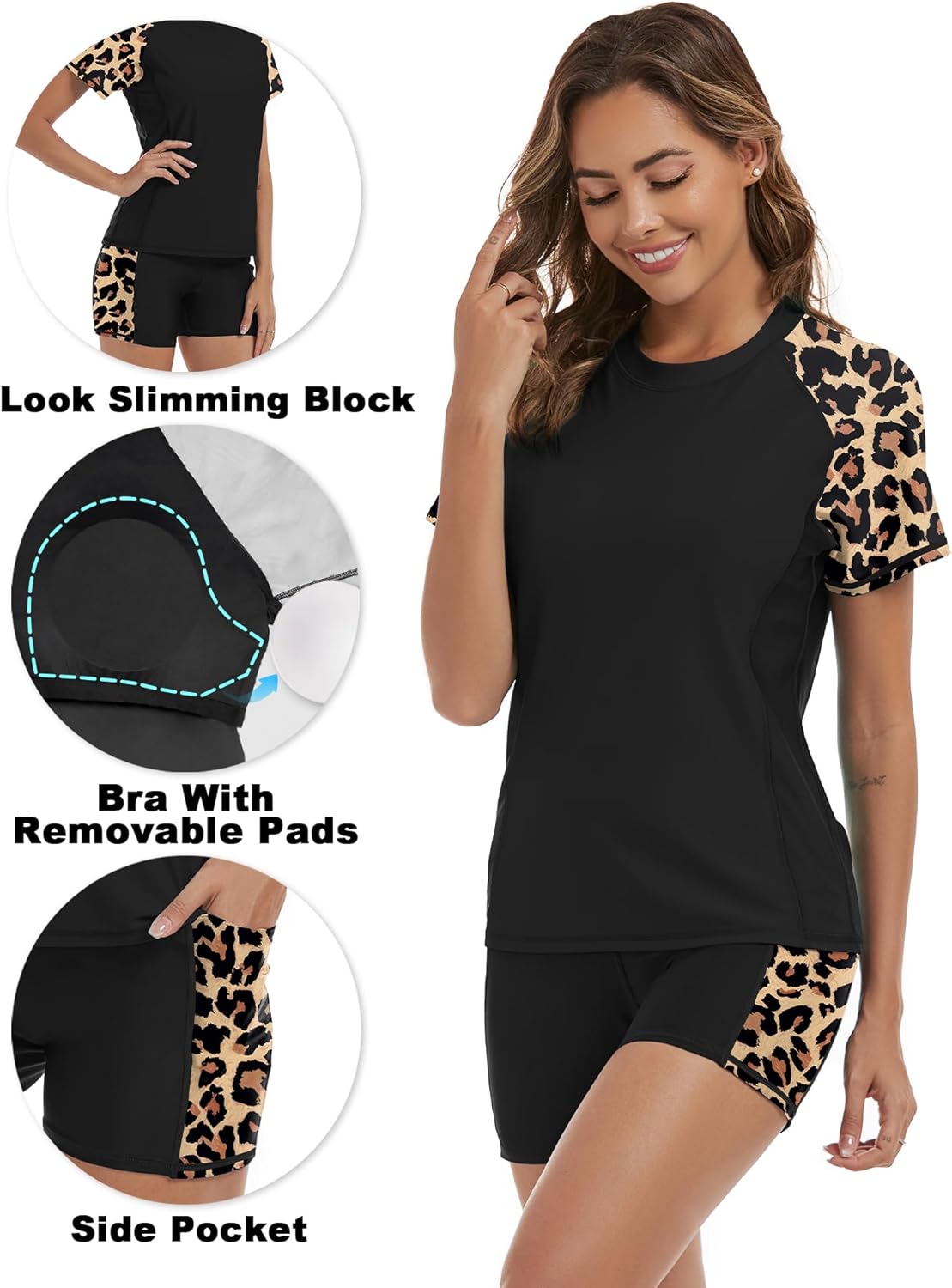 Tournesol Women's Rash Guard 2 Piece Short Sleeve Swim Shirt with Shorts Swimsuit with Bra Bathing Suit Plus Size with Pocket