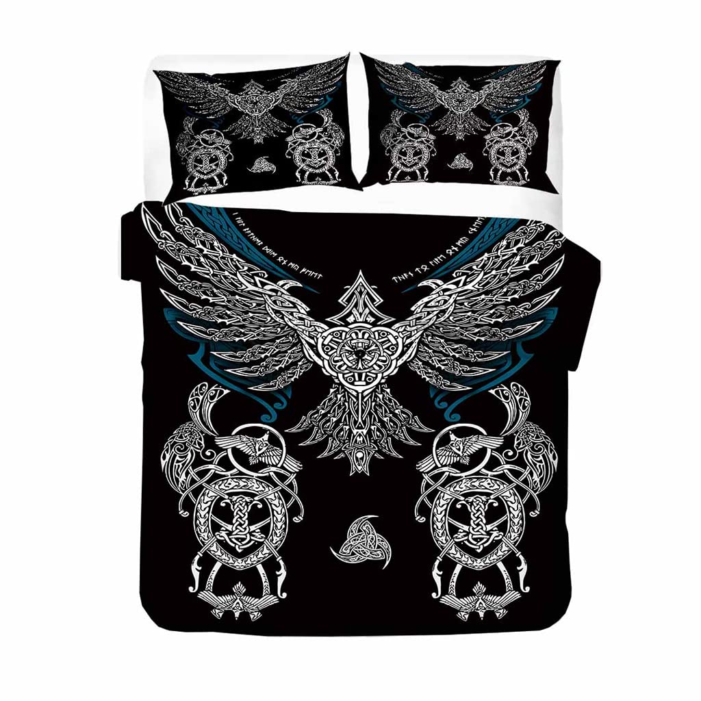 Housse de couette impression 3D viking raven noir 228x228 avec taie d'oreiller marteau de Thor