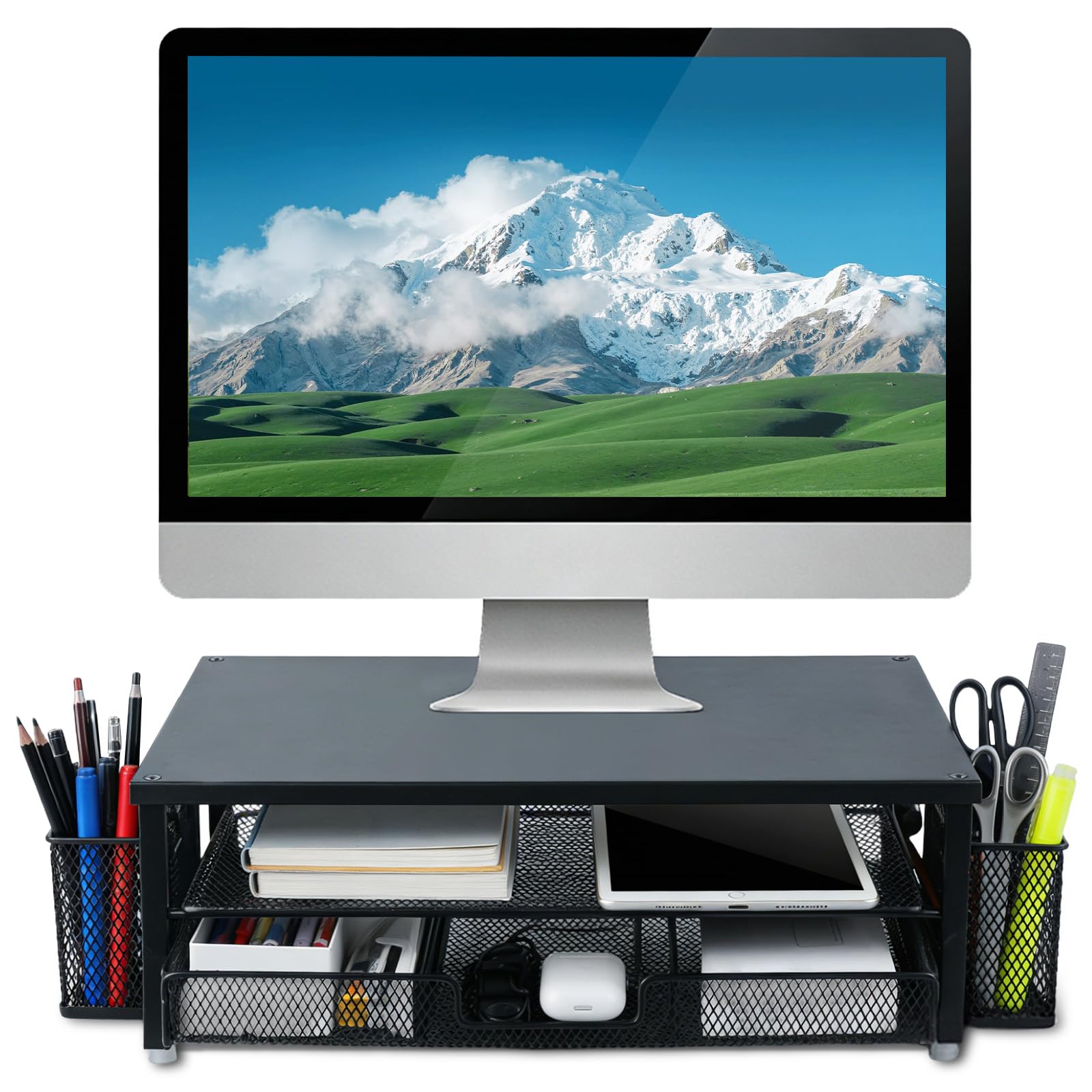 Nbouou 1 Monitor Stand Riser With Organiser, Office Desk Shelf 2-Tier, Desk Accessories Monitor Riser Stand With Drawer, And 2 Pen Holder, Computer Stands For Printer, Notebook (Black)