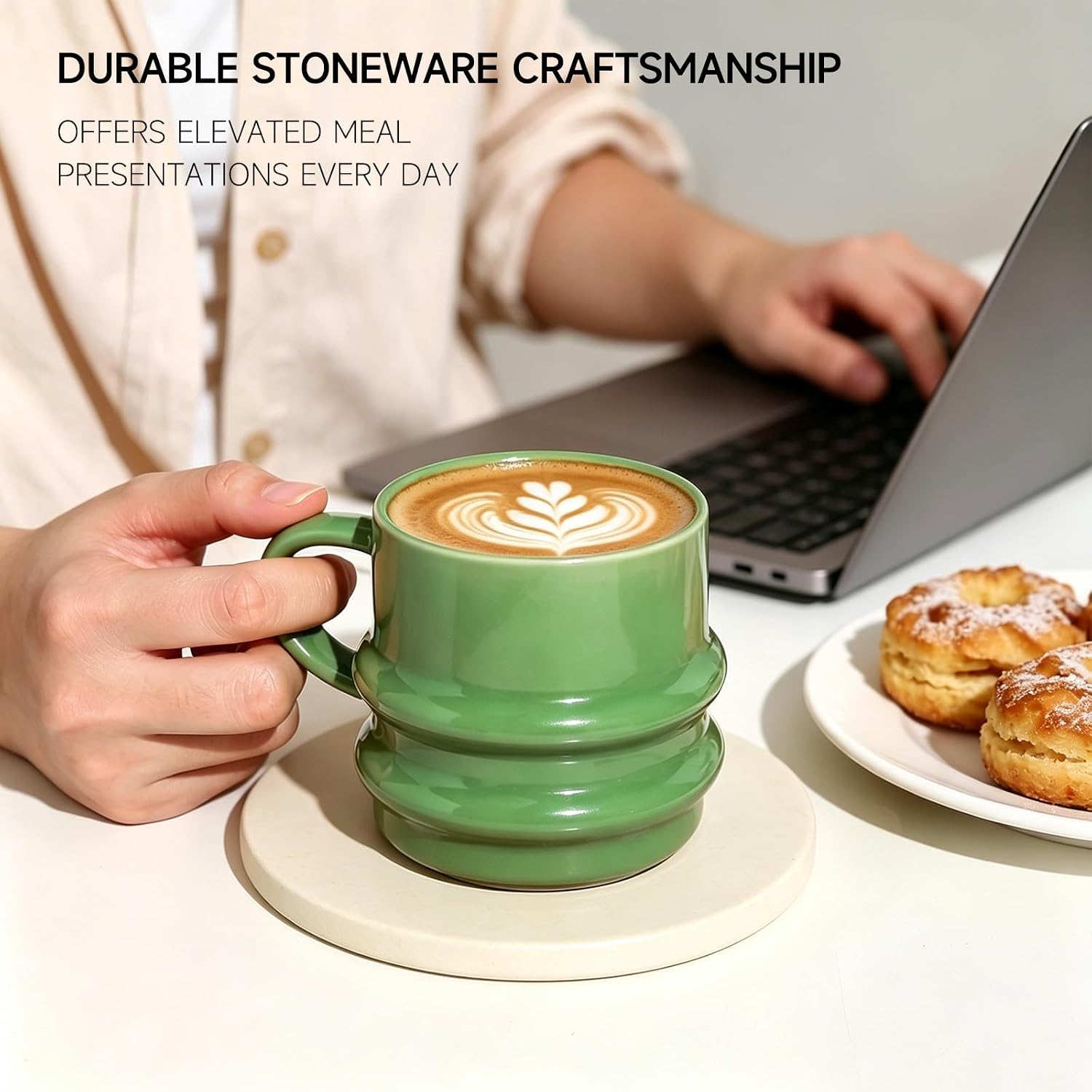 Ceramic Coffee Mugs Set of 4, 9oz 3D Wavy Ribbed Coffee Cups with Handle