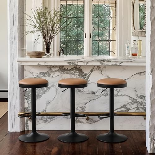 Miniatura 17 de CIMOTA Juego de 1 taburetes de bar redondos giratorios con espalda descubierta ajustable, taburete de bar moderno industrial de piel sintética para