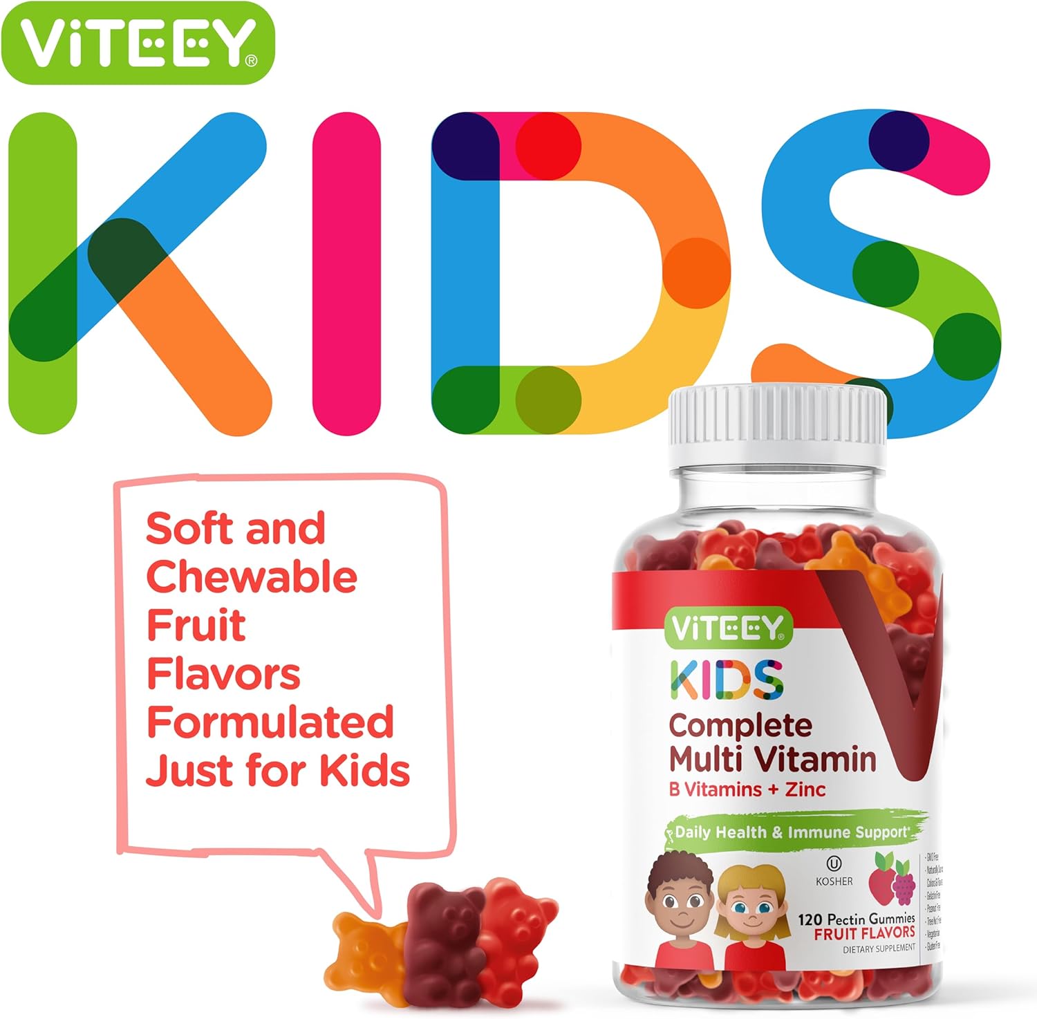 Viteey Kids Multivitamin Gummies, Complete Daily Essential Kids Vitamins - Great for Immune Support & Overall Health - 12 Essential Minerals & Vitamins - Vegetarian, Gelatin Free- Fruit Flavor Gummy - Image 2