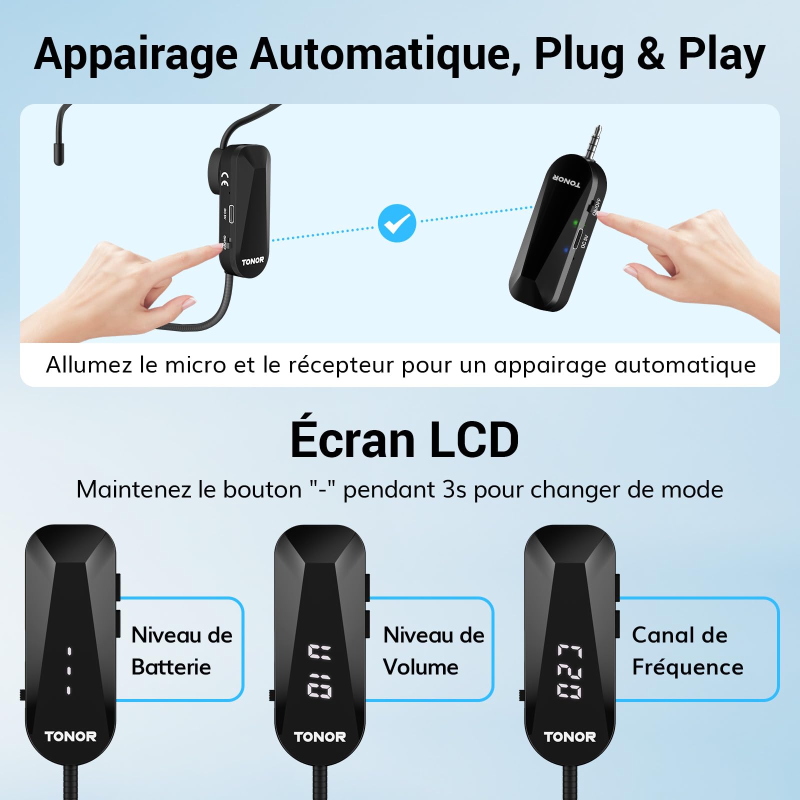 TONOR Micro sans Fil, Microphone sans Fil Casque UHF avec 20 Canaux, Micro Rechargeable avec 2 en 1 et 6.5H Autonomie, pour Amplificateur de Voix,Fitness,Enseignement,Visites Guidées,PA Système, 20 M