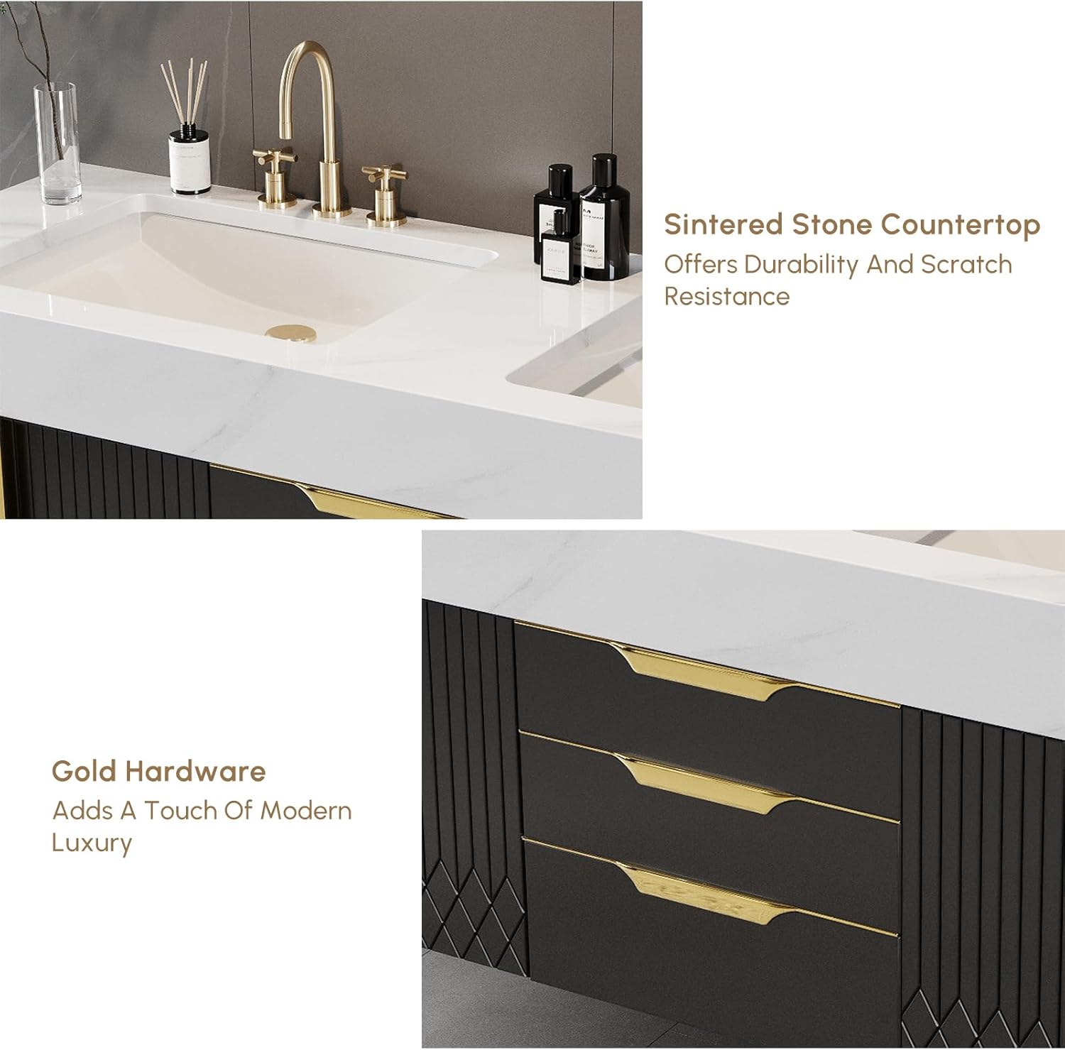 Bathroom Vanity with Sink, Modern Bathroom Vanity with Faux Marble Top, Gold Hardware & Soft-Close Drawers for Bathroom Storage (59.1 Inch, Black, Double Sink & Floating)