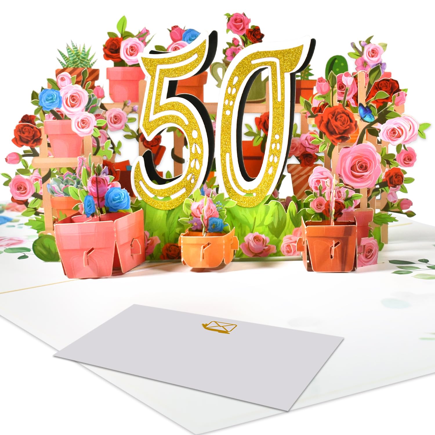 Magic Ants 50th Anniversary Card, Birthday Card, 50th Wedding Anniversary Card, 3D Greeting Card, 50 Years Old Birthday Card, Congratulation Card With Rose Flowers Bouquet (50)