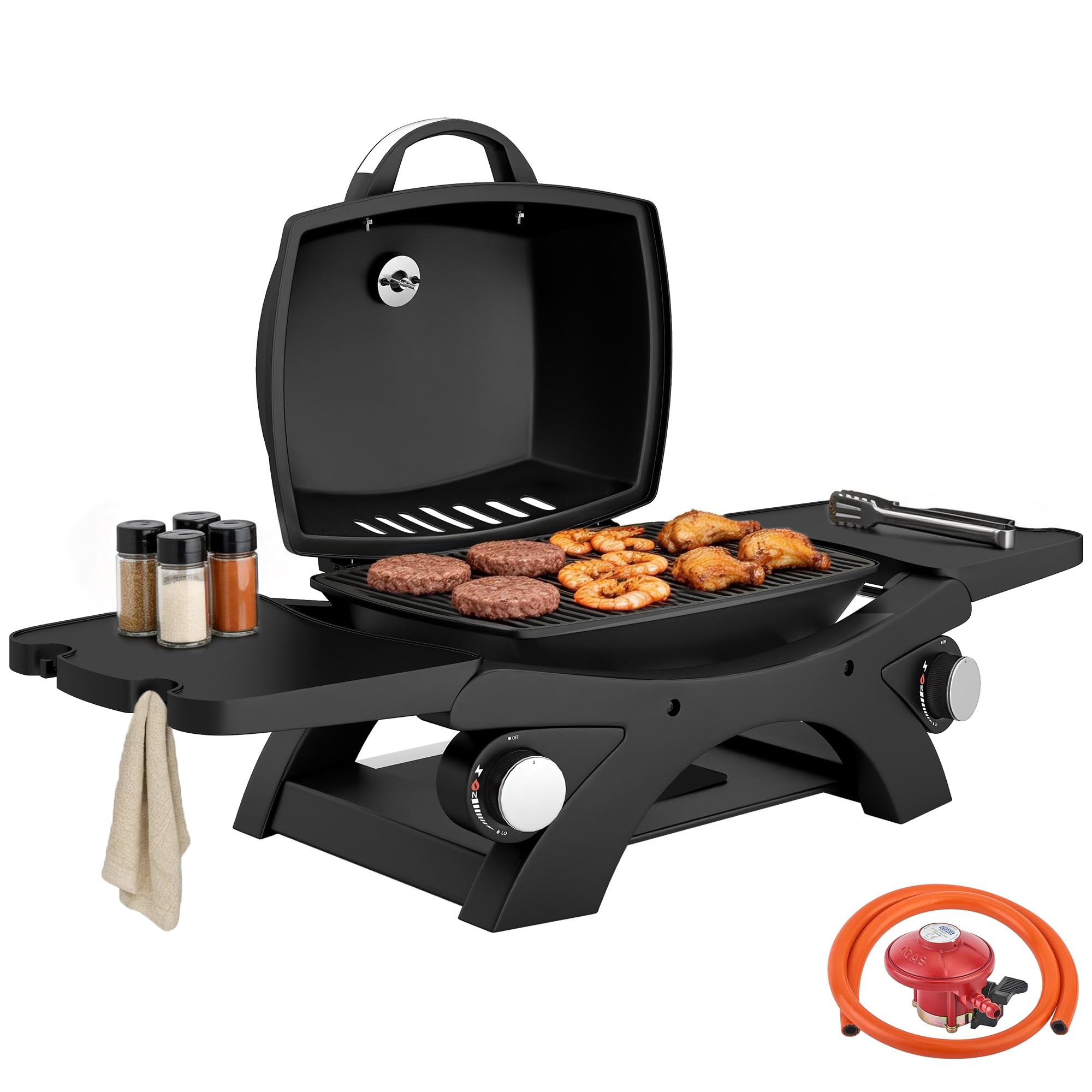 Outsunny Black 2 Burner Gas Grill With 2 Detachable Side Tables, 3.8 Kw Steel Barbecue Grill With Cast Iron Grates, Tabletop Bbq With Lid, Thermometer, Grease Tray, 4 Hooks,