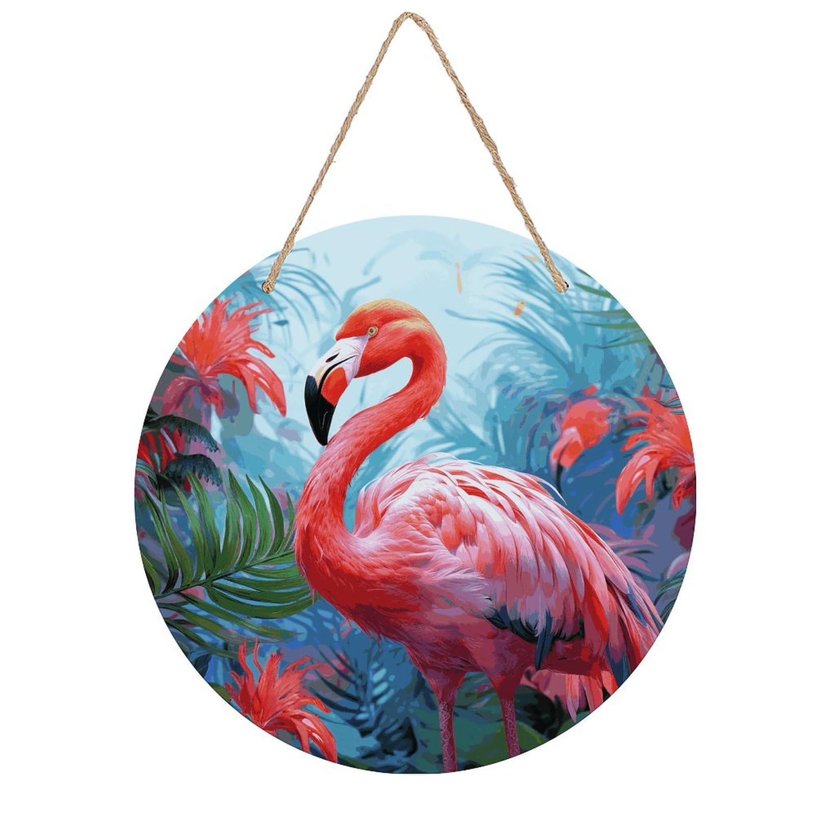 FekiLoot Painted Flamingo Wall Art Decor Round Wood Hanging Sign Decoration Wooden Circle Door Sign Round Hanging Decorative Wood Plaque Door Hanger for Home Outdoor Indoor Decoration