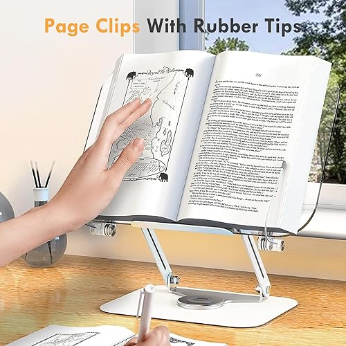 Miniatura 5 de Metahoga Amasrich - Soporte de acrílico para libros de lectura, soporte ajustable con base giratoria de 360 y clips de página, plegable para mostrar