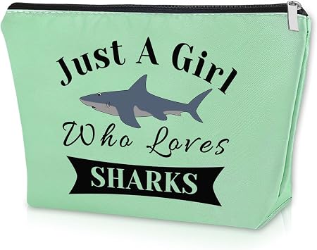 Shark Lover Birthday Green Makeup Bag for Girls Daughter Niece - Animal Lover Cosmetic Travel Pouch - Sharks Week Themed Gift for Adults Graduation Christmas