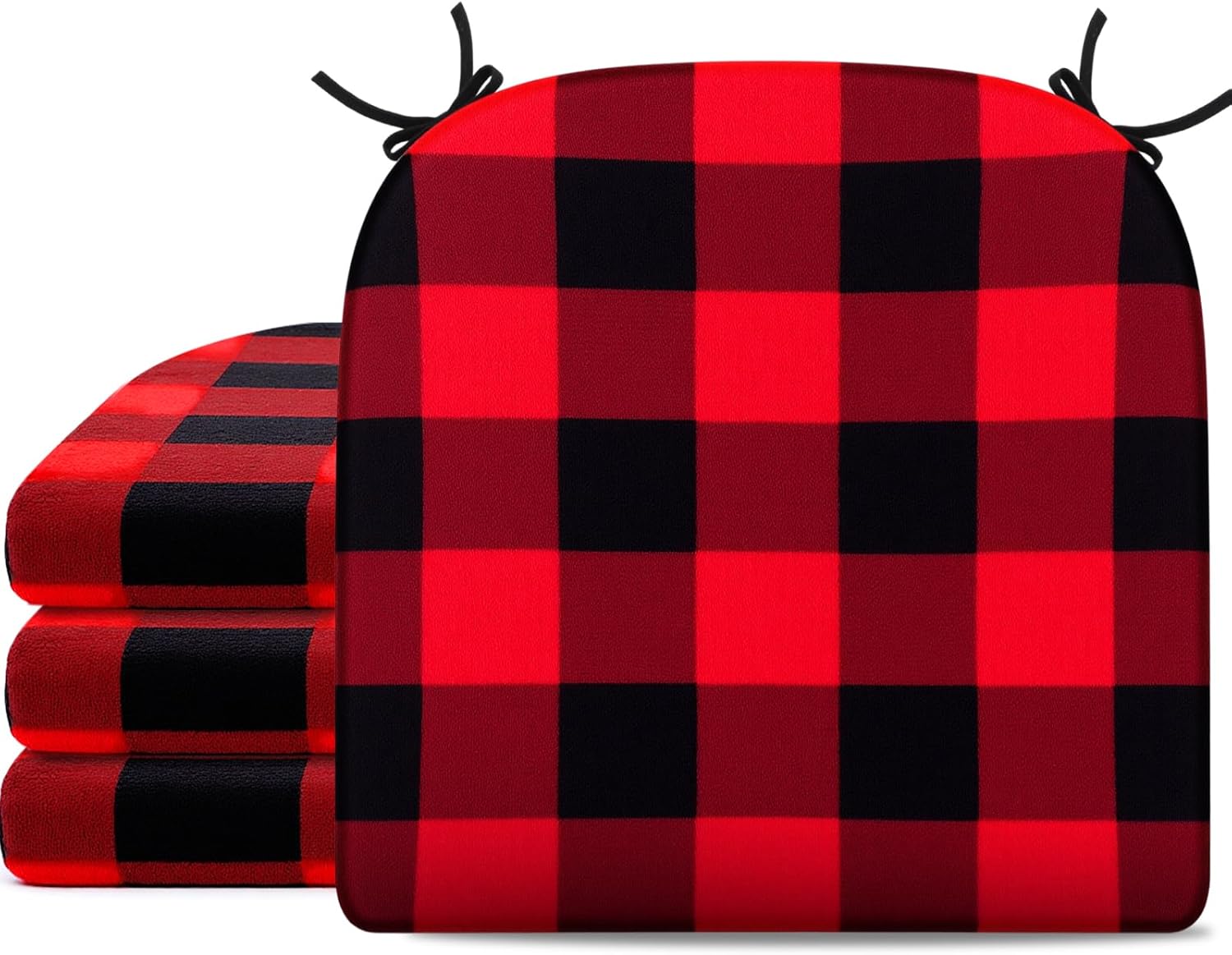 Youyole Plaid Chair Cushions Set of 4, 16'' x 16'' Buffalo Checks Seat Cushions with Ties, Red Black Chair Pads, Memory Foam Mat, Washable Covers, for Indoor Kitchen Dining Room Patio Decor