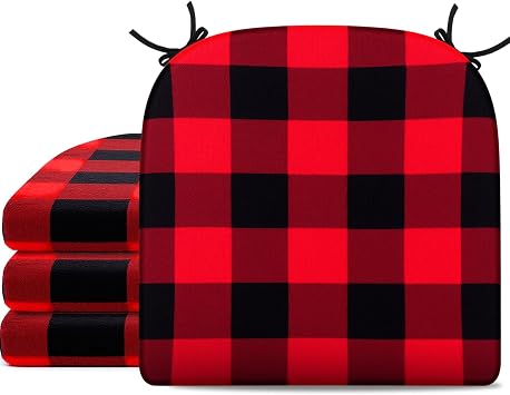 Youyole Plaid Chair Cushions Set of 4, 16 x 16 Buffalo Checks Seat Cushions with Ties, Red Black Chair Pads, Memory Foam Mat, Washable Covers, for Indoor Kitchen Dining Room Patio Decor
