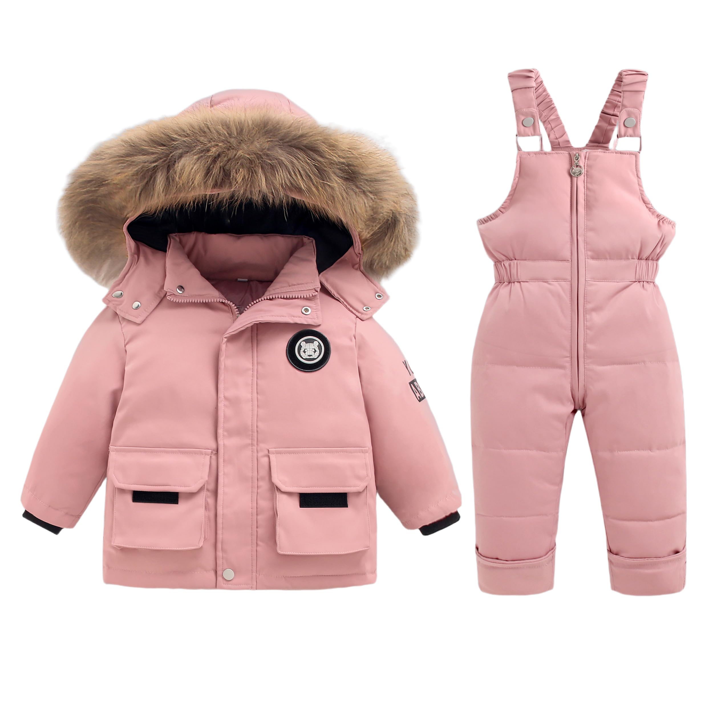 Baby Schneeanzug 2 Teiler Skianzug Mit Kapuze Winddicht Daunenjacke Mantel mit Schnee Lätzchen Hose Skihose Kapuzenjacke Schneehose Schneekleidung Winteranzug für Jungen Mädchen 24 Monate-5 Jahre