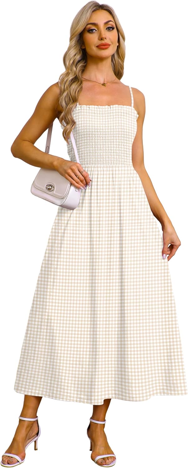 OFEEFAN Womens Spaghetti Strap Maxi Dresses Smocked with Pockets 2026 Summer Spring Casual Boho Beach Long Sundresses - Image 3