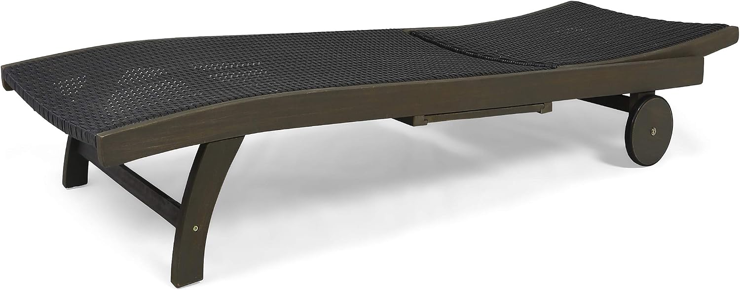 GDFStudio Outdoor Wicker and Wood Chaise Lounge with Pull-Out Tray, Set of 4, Gray