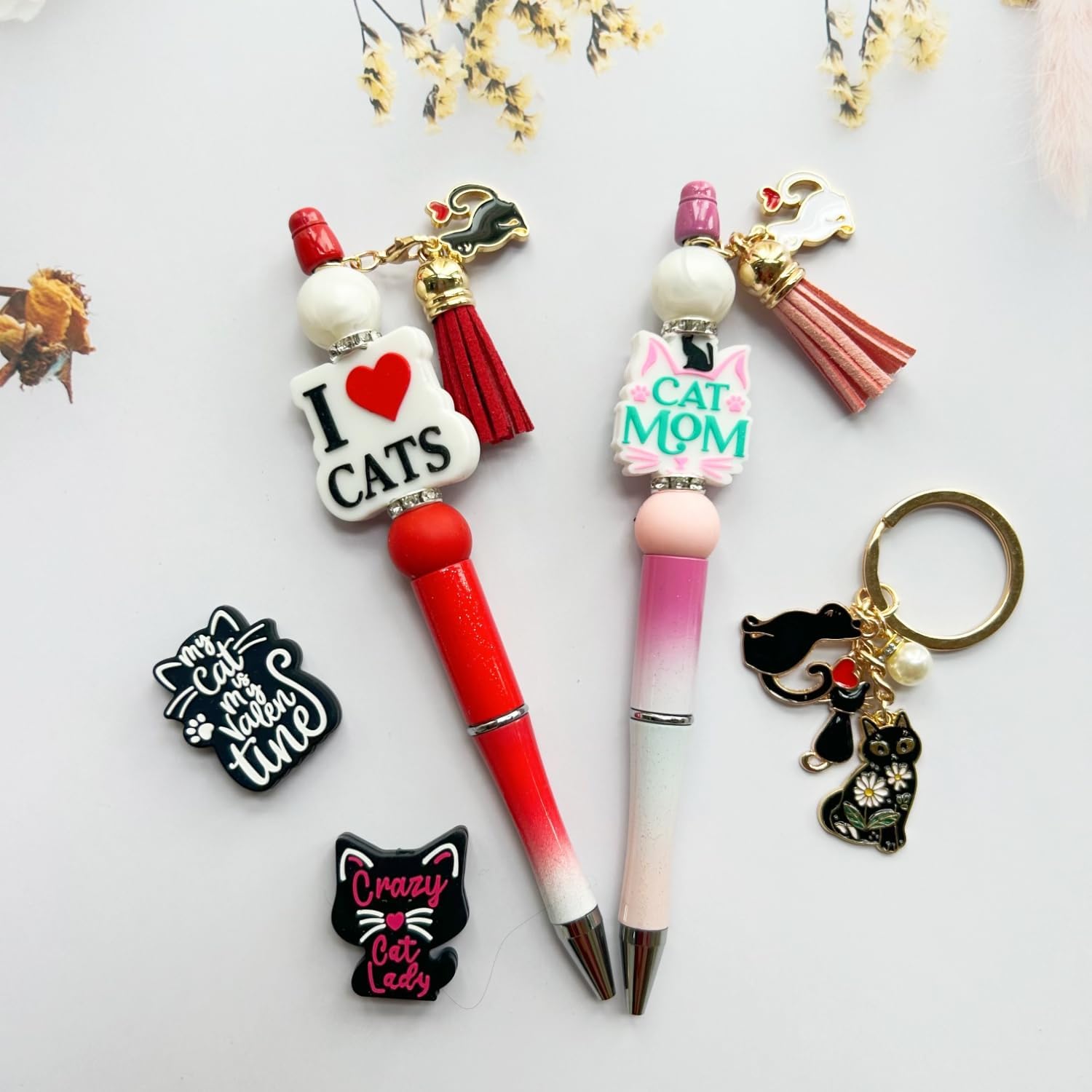 Cat Pet Themed Beadable Pens Bulk DIY Make Your Own Pen Making Supplies Kit with Silicone Focal Beads (Cat)