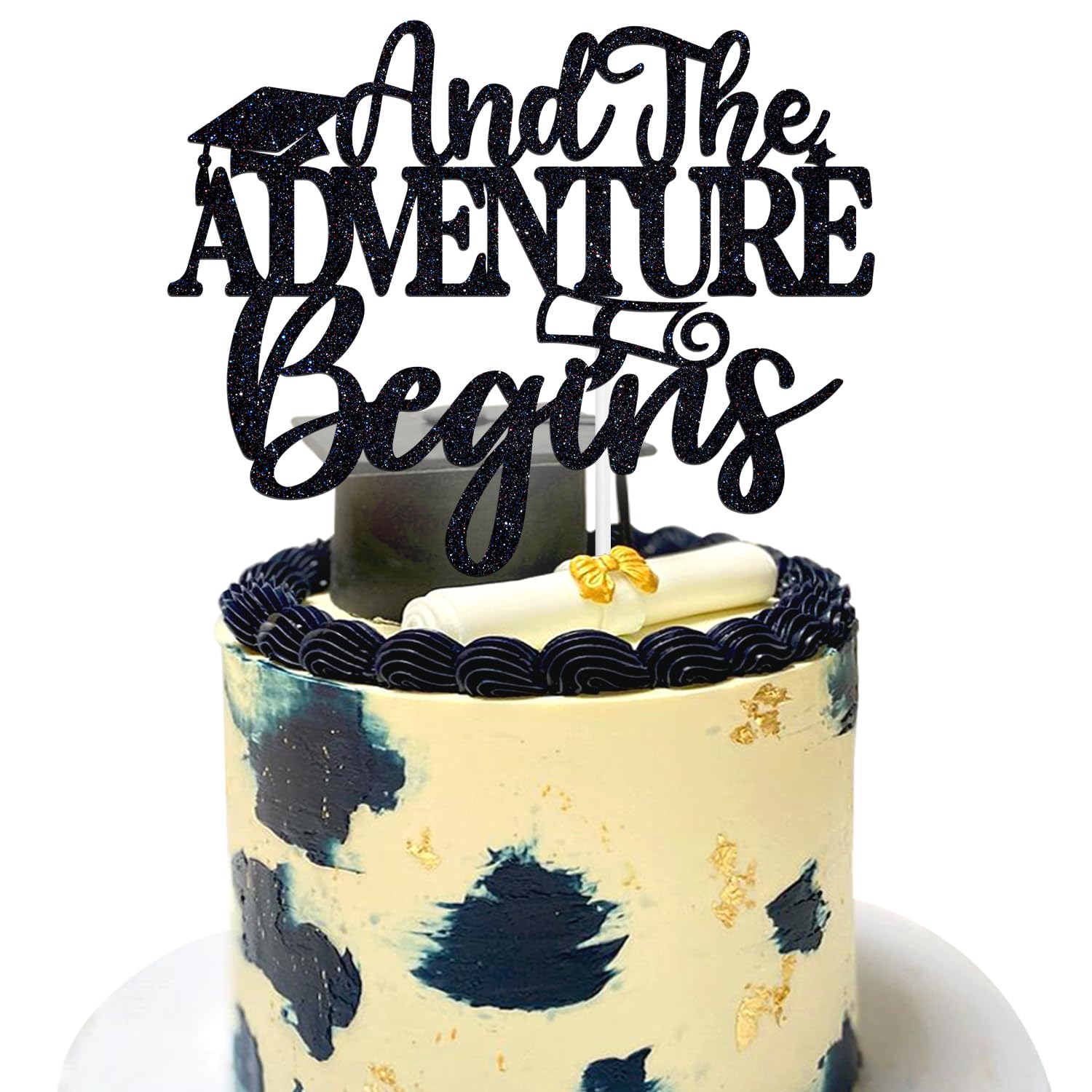 And the adventure Begins Cake Topper, A Sweet Ending to A New Beginning/New Chapter, Adventure Awaits, Class of 2024 High School College Graduation Party Decoration Supplies, Black Glitter