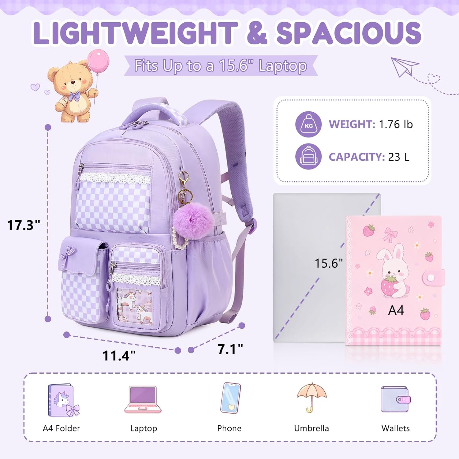 Girls School Backpack for Kids, Cute Bookbag for Age 6-14 Purple image 2