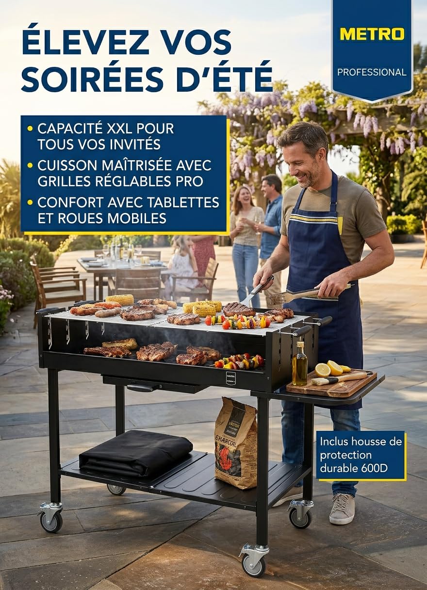 METRO Professional Barbecue DELUXE au charbon de bois sur roulettes, 137 x 68 x 94 cm, housse de protection et tablette, acier/inox, noir