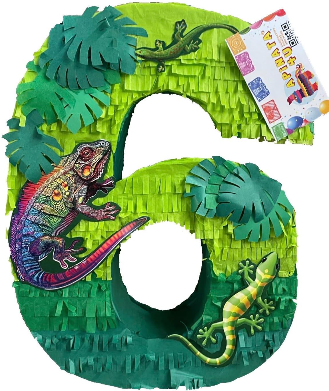 20” Tall Lizards Theme Number Six Piñata | Green Color Iguana Design, Perfect for 6th Birthday Party, Handcrafted, Durable and Fun Party Decoration for Kids