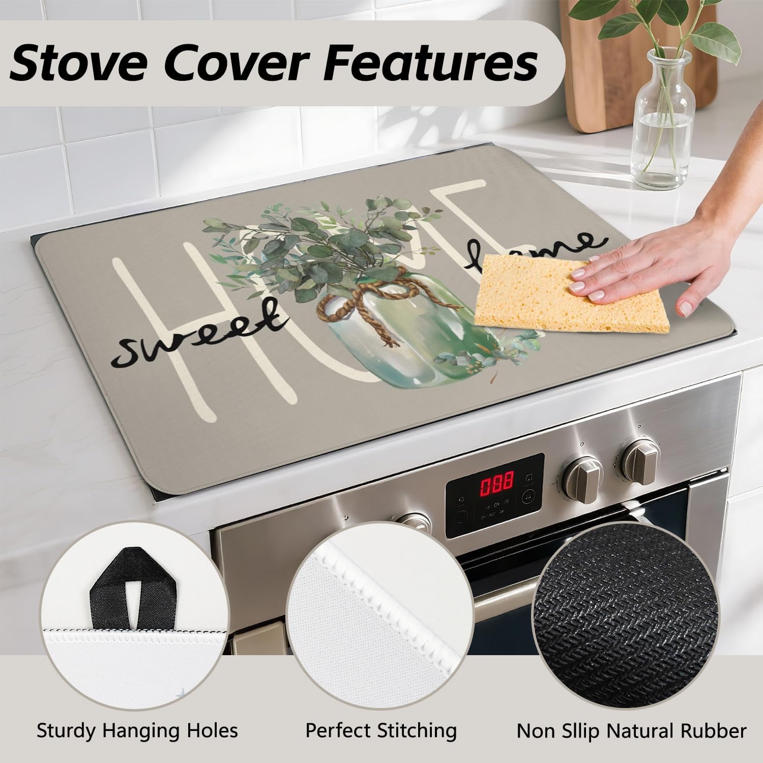 Spring Stove Top Cover for Electric Stoves,Home Sweet Home Glass Stove Top Cover,Heat Resistant Cooktop Protector Mat,Non-Slip Washable Dish Drying Mat,Spring Summer Kitchen Decor,28"x20"